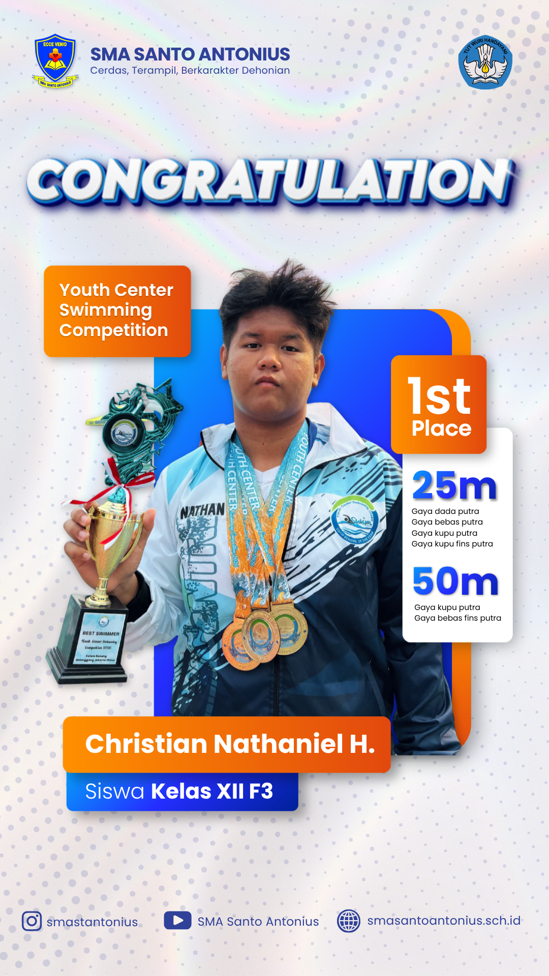 Christian Nathaniel H. Raih Juara 1 pada Youth Center Swimming Competition